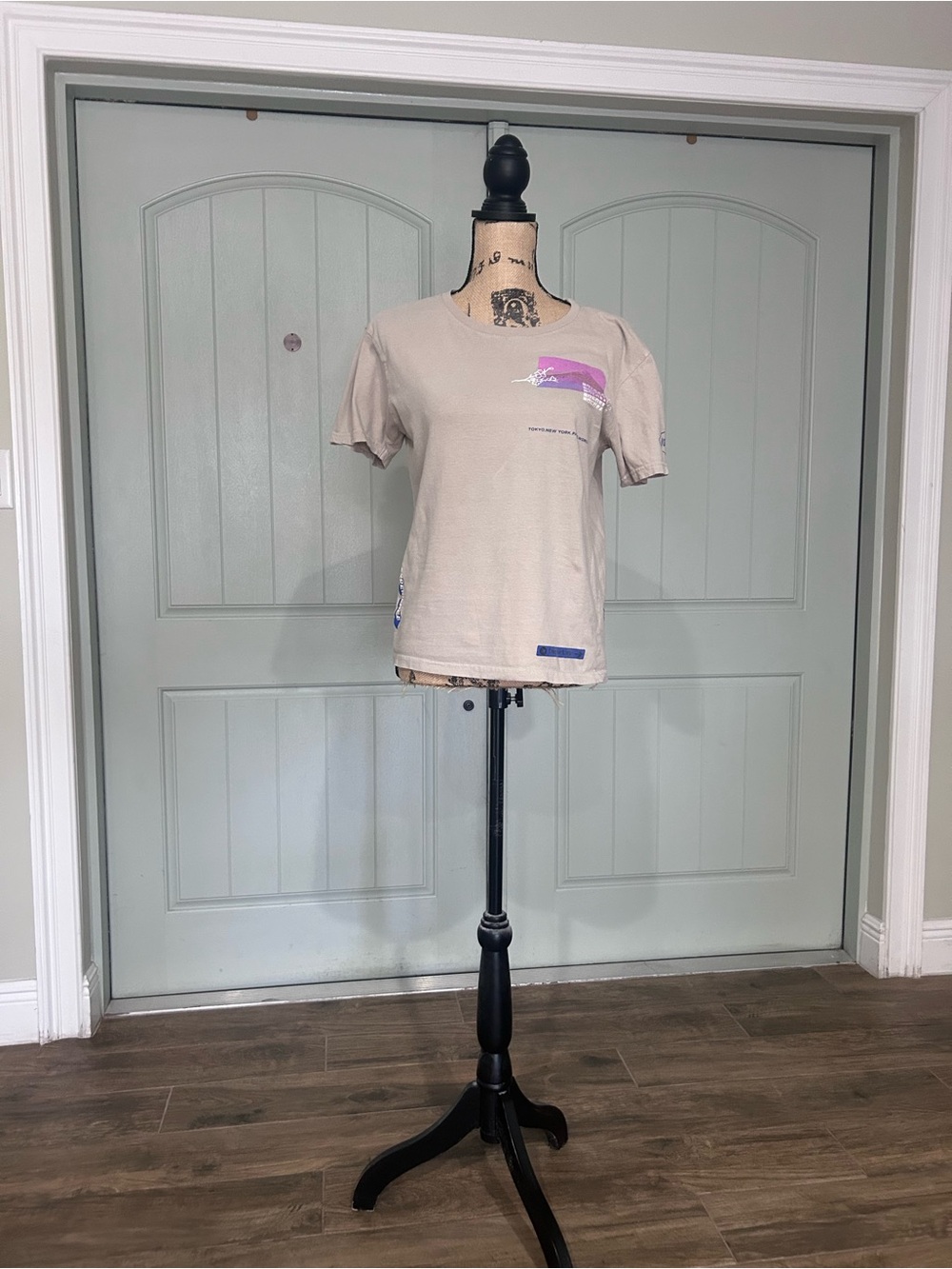 Brooklyn Cloth Beige Short Sleeve Tee with Pink Graphic Accent